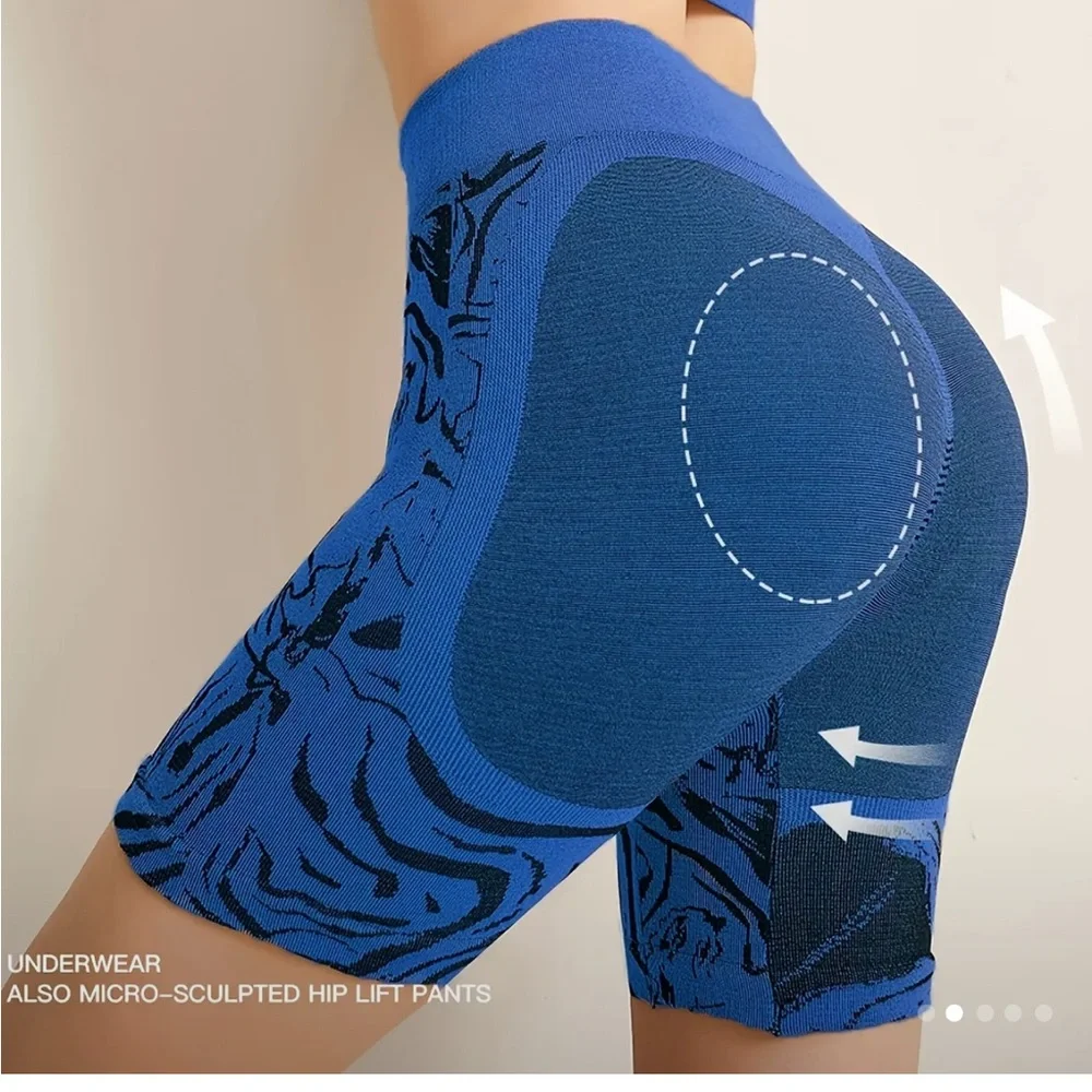 Callie Lives COMPRESSION ACTIVEWEAR Yellow Blue Bike Shorts High-Waist Bra Set - Picture 7 of 10